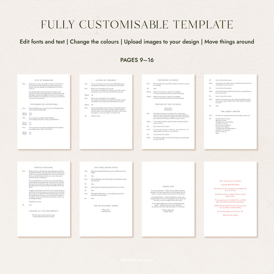 Catholic wedding ceremony script pages 9 to 16, A5 layout showing the full opening sequence