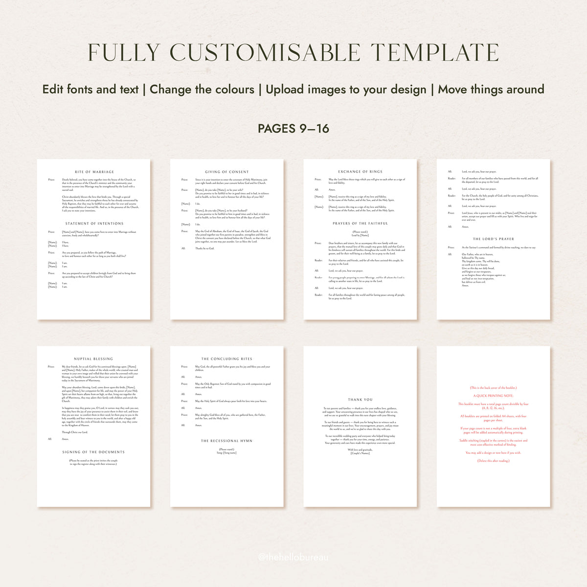 Catholic wedding ceremony script pages 9 to 16, A5 layout showing the full opening sequence