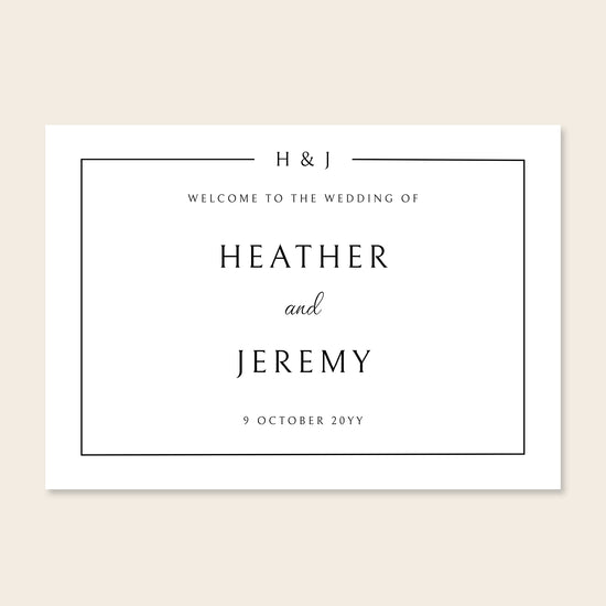 Horizontal wedding welcome sign template design on a beige background.