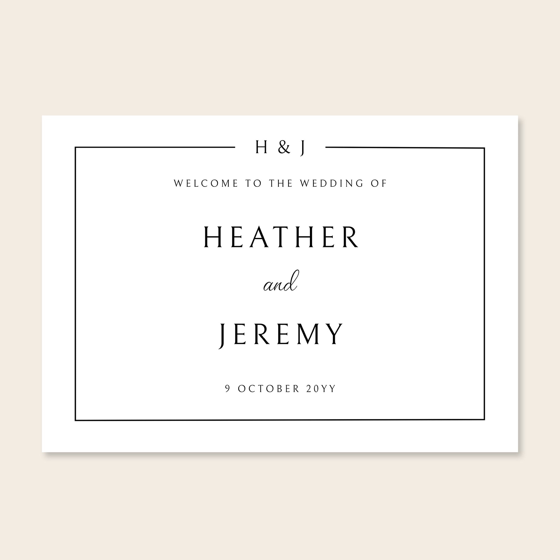 Horizontal wedding welcome sign template design on a beige background.