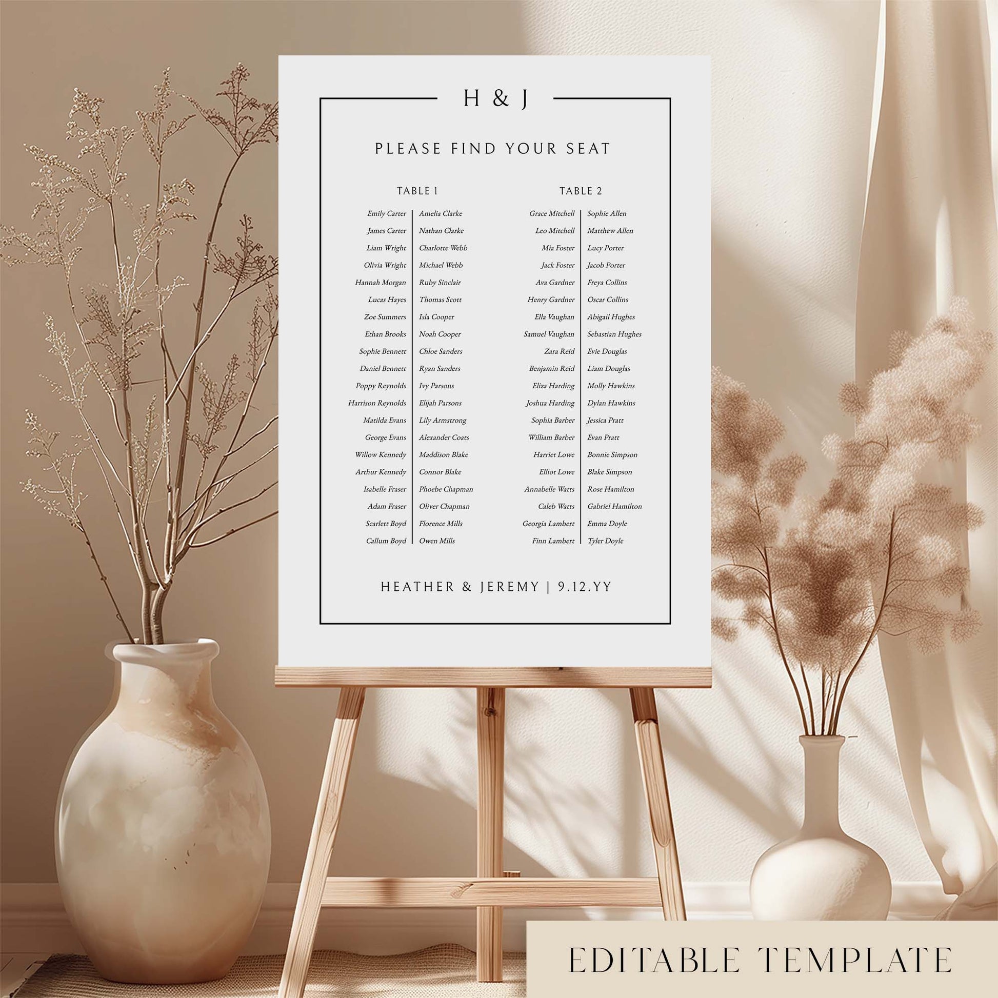 Modern long tables seating chart template on an easel with decorative vases and plants.