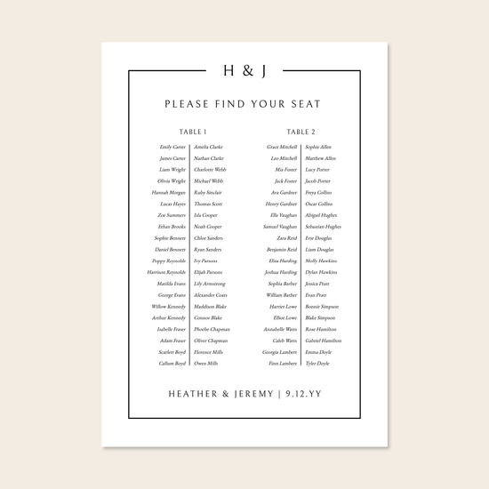 Printable two long tables wedding seating chart template design with names on a beige background.