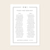 Printable two long tables wedding seating chart template design with names on a beige background.