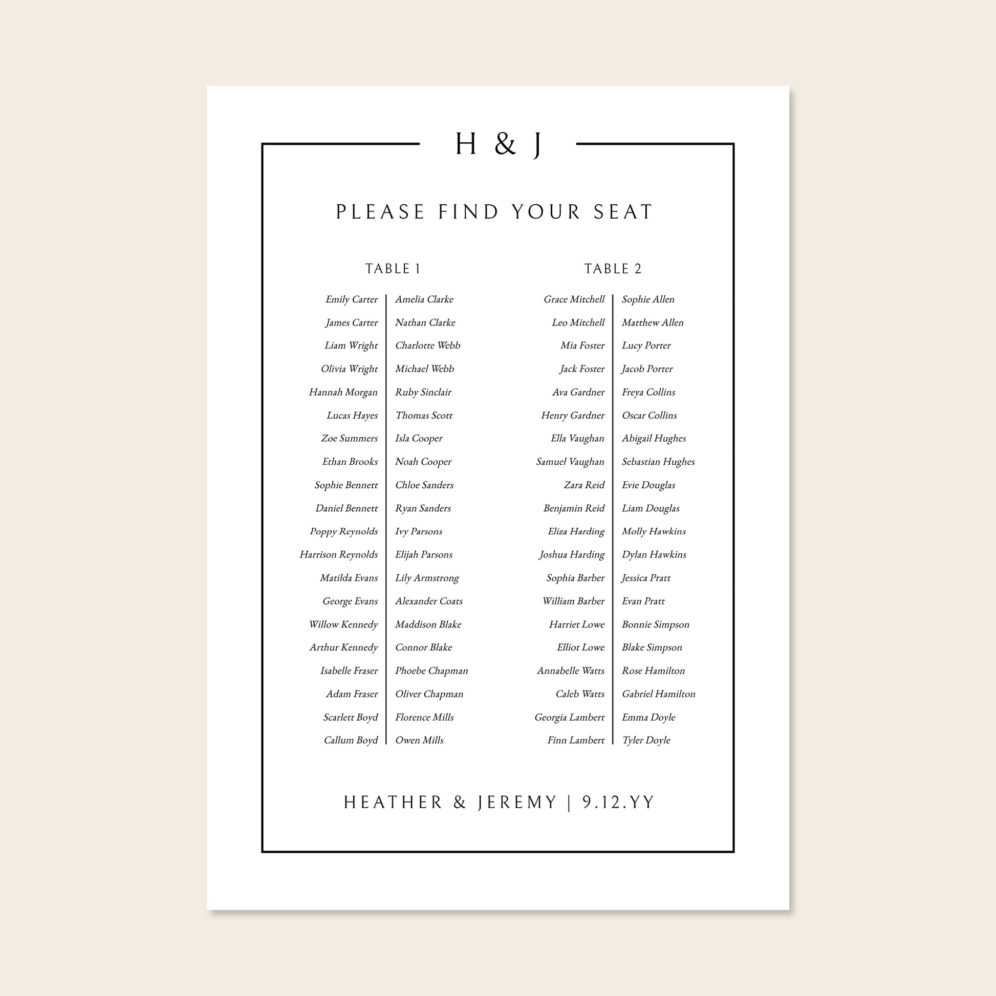Printable two long tables wedding seating chart template design with names on a beige background.