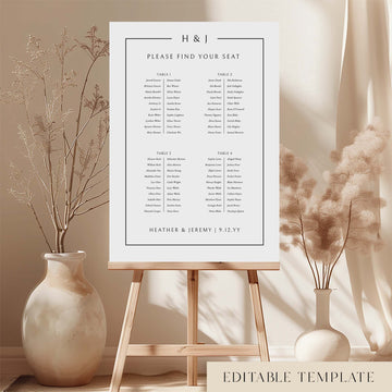 Modern 4-table long tables seating chart template on an easel with decorative vases and plants.