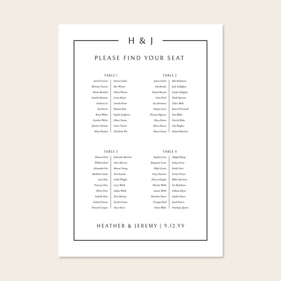 Printable 4-table wedding seating chart template design with names on a beige background.