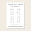 Printable 4-table wedding seating chart template design with names on a beige background.