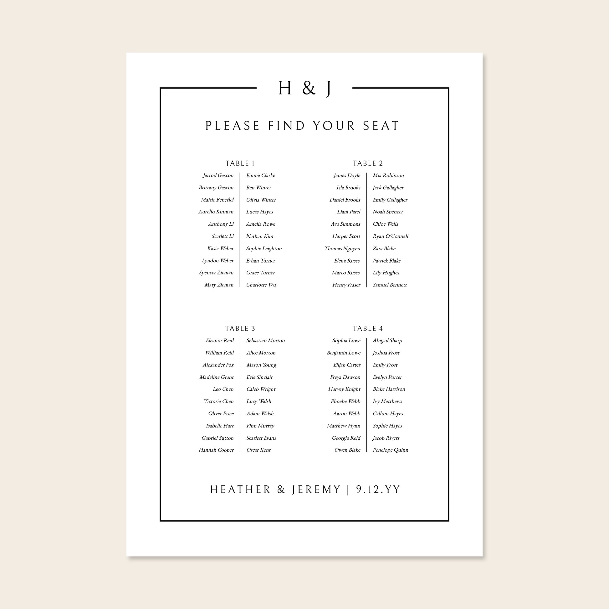 Printable 4-table wedding seating chart template design with names on a beige background.