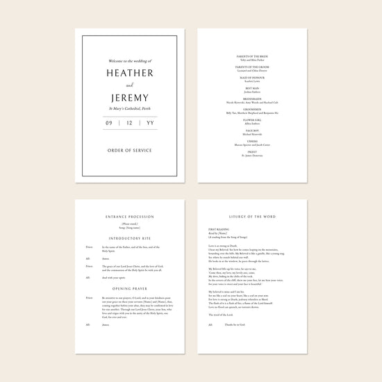 Four A5 wedding Mass ceremony booklet pages shown together, including the cover and interior layouts.