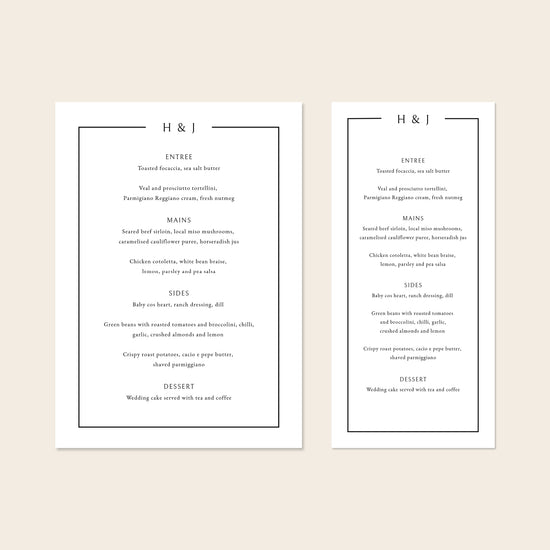 Two wedding menu templates, one tall and one wide, displayed on a beige background.