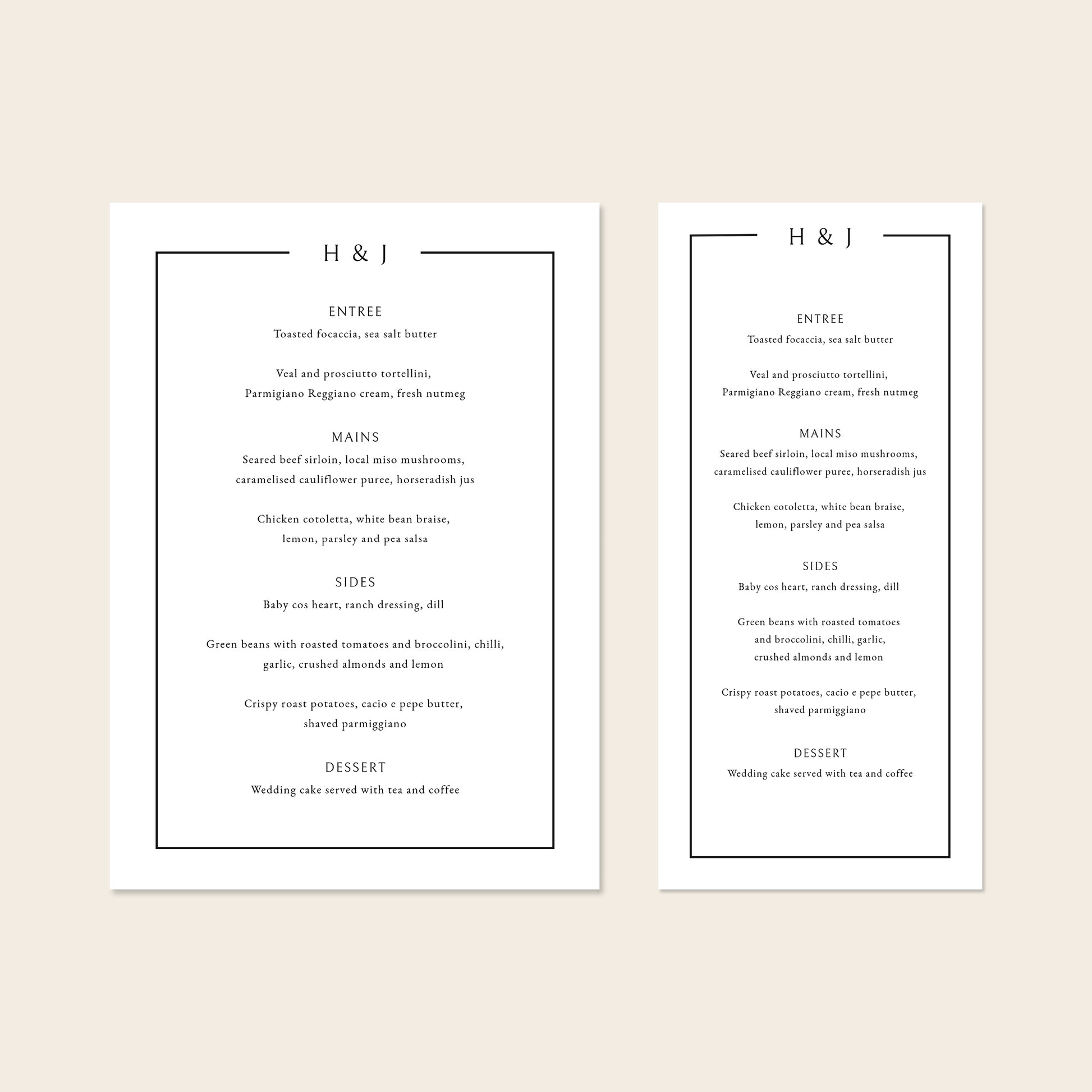 Two wedding menu templates, one tall and one wide, displayed on a beige background.