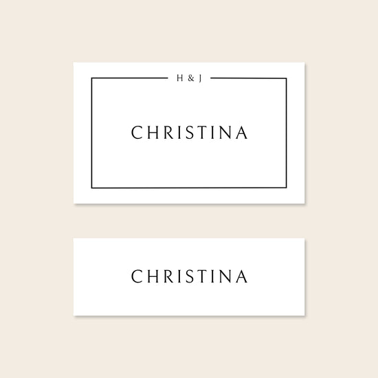 Two place card templates shown in horizontal and slim rectangular layouts on a beige background.