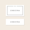 Two place card templates shown in horizontal and slim rectangular layouts on a beige background.
