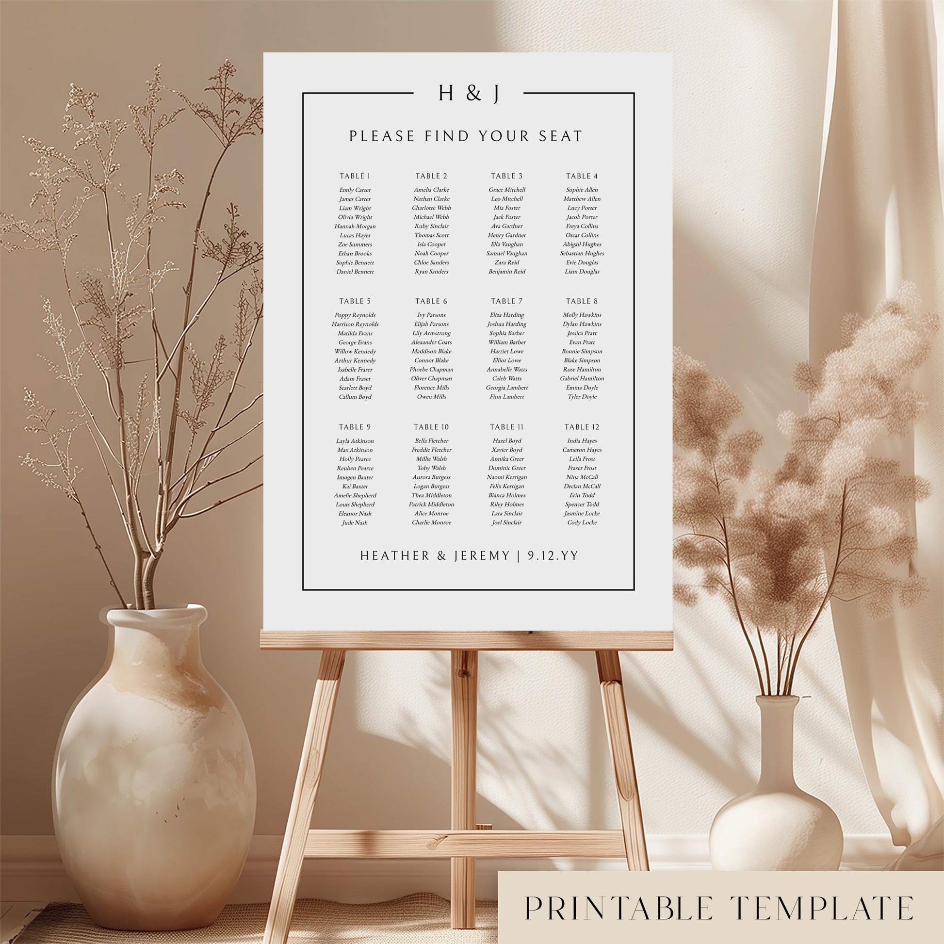Printable elegant wedding seating chart sign on an easel with floral arrangements in a room setting.