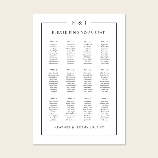 Elegant wedding seating plan template design on a beige background.