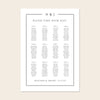 Elegant wedding seating plan template design on a beige background.