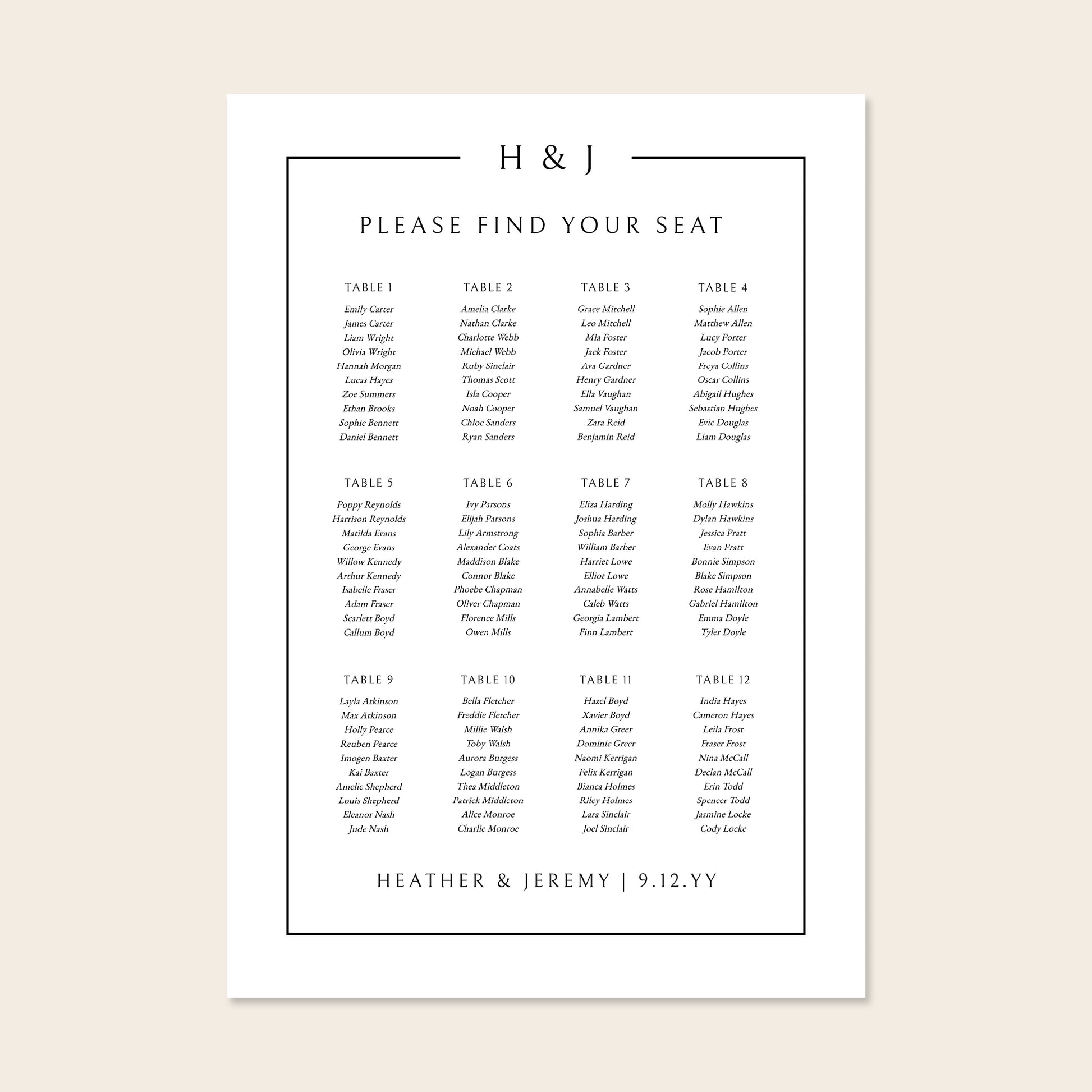 Elegant wedding seating plan template design on a beige background.