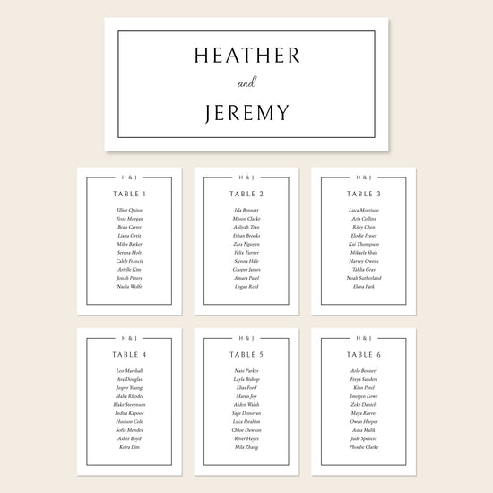 Printable seating chart cards template design with names and title on a beige background.