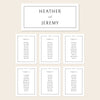 Printable seating chart cards template design with names and title on a beige background.
