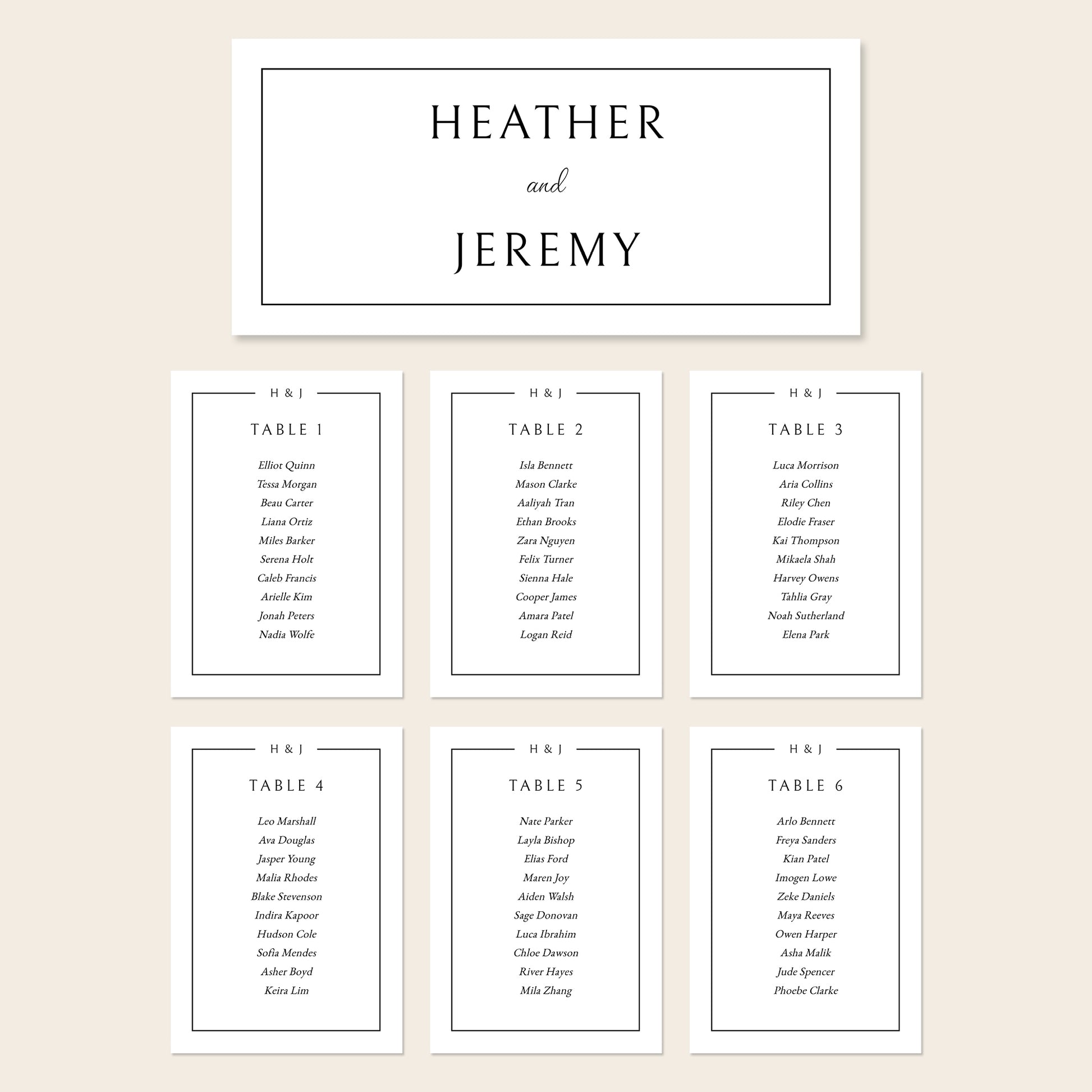 Printable seating chart cards template design with names and title on a beige background.