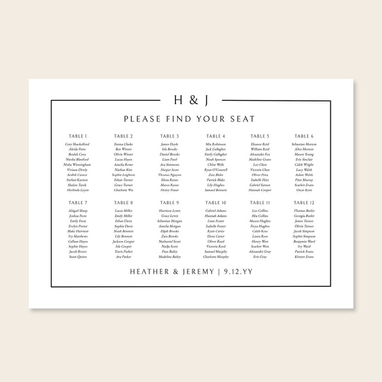 Horizontal wedding seating chart template design on a beige background.