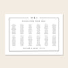 Horizontal wedding seating chart template design on a beige background.