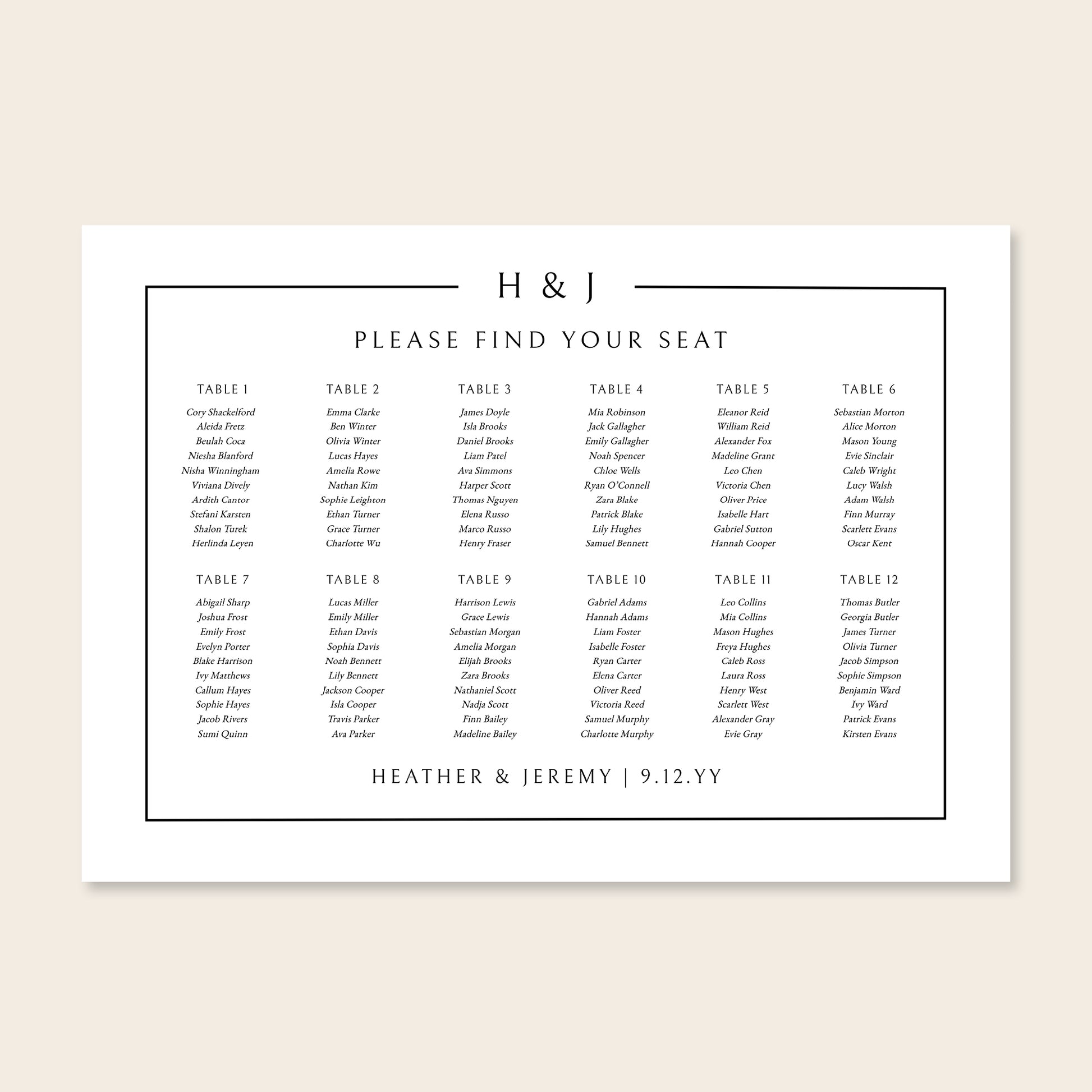 Horizontal wedding seating chart template design on a beige background.