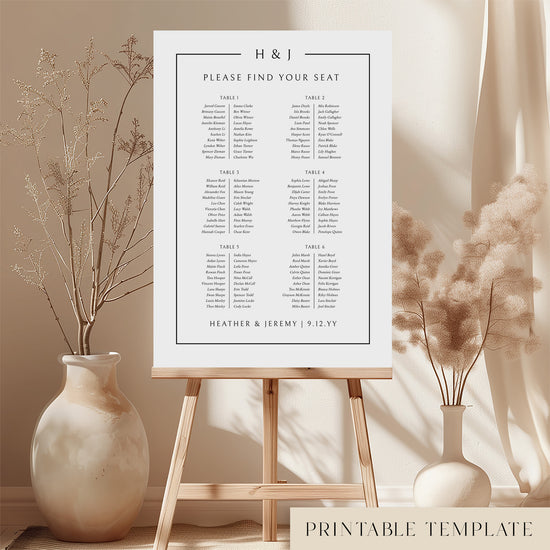 Printable elegant wedding seating chart sign on an easel with floral arrangements in a room setting.