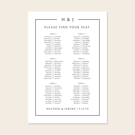 Wedding seating plan template design on a beige background.