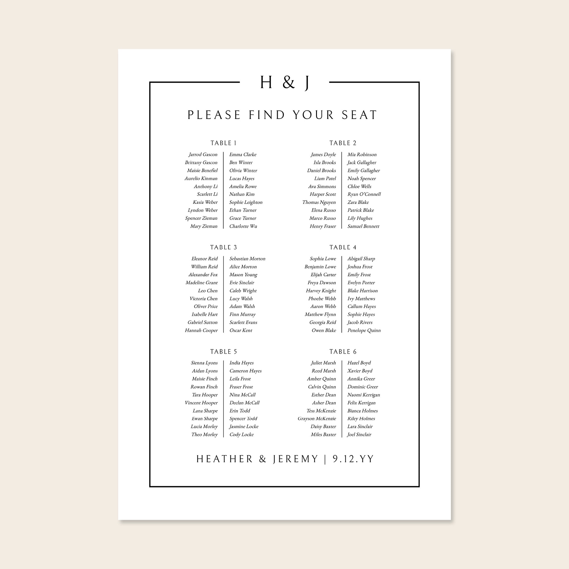 Wedding seating plan template design on a beige background.
