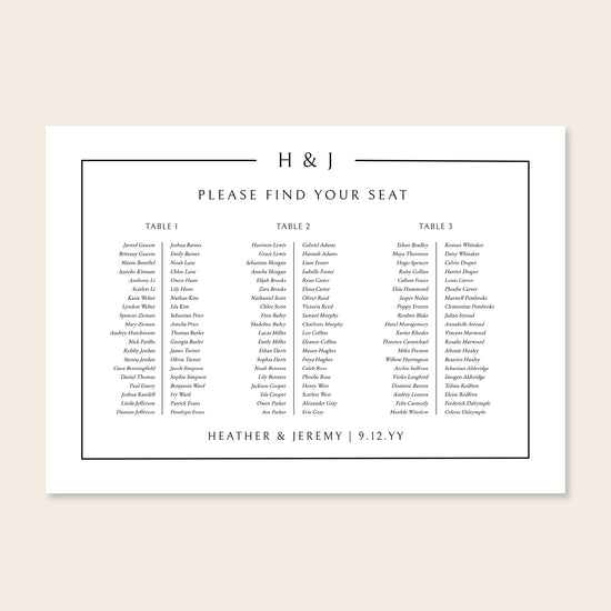 Horizontal wedding long tables seating chart template design on a beige background.