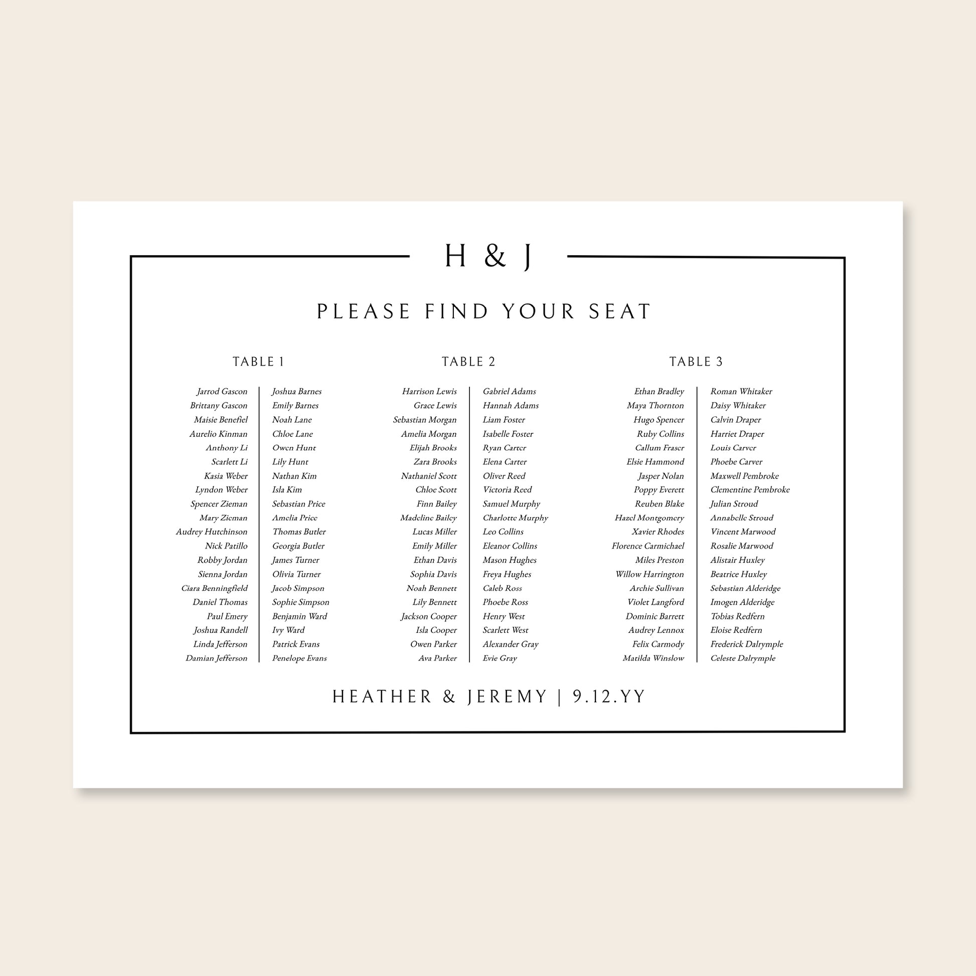 Horizontal wedding long tables seating chart template design on a beige background.