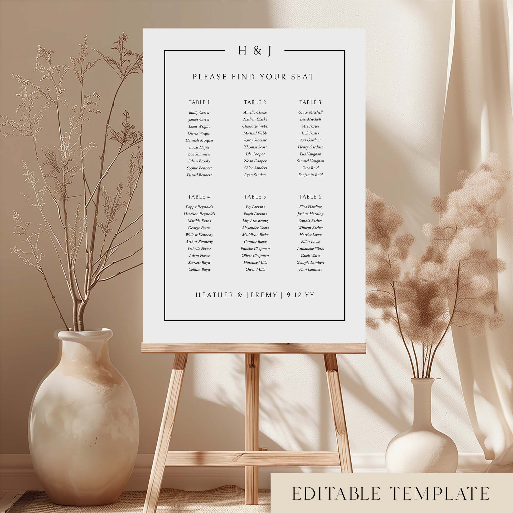 Elegant 6-table wedding seating chart template on an easel with decorative vases and plants.