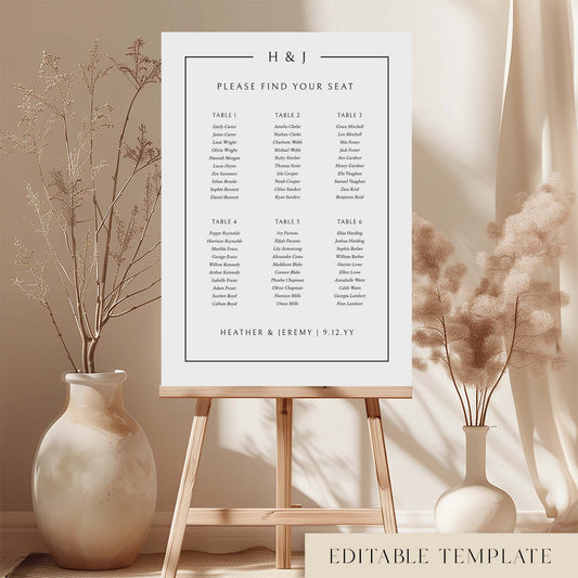 Elegant 6-table wedding seating chart template on an easel with decorative vases and plants.