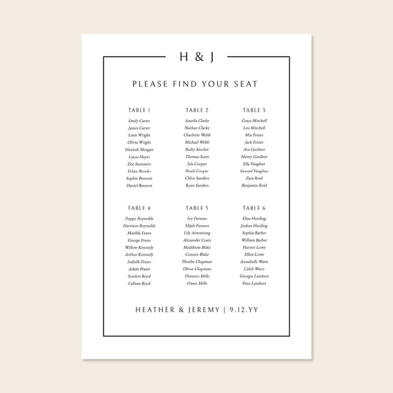 Printable 6-table wedding seating chart template design with names on a beige background.