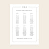 Printable 6-table wedding seating chart template design with names on a beige background.