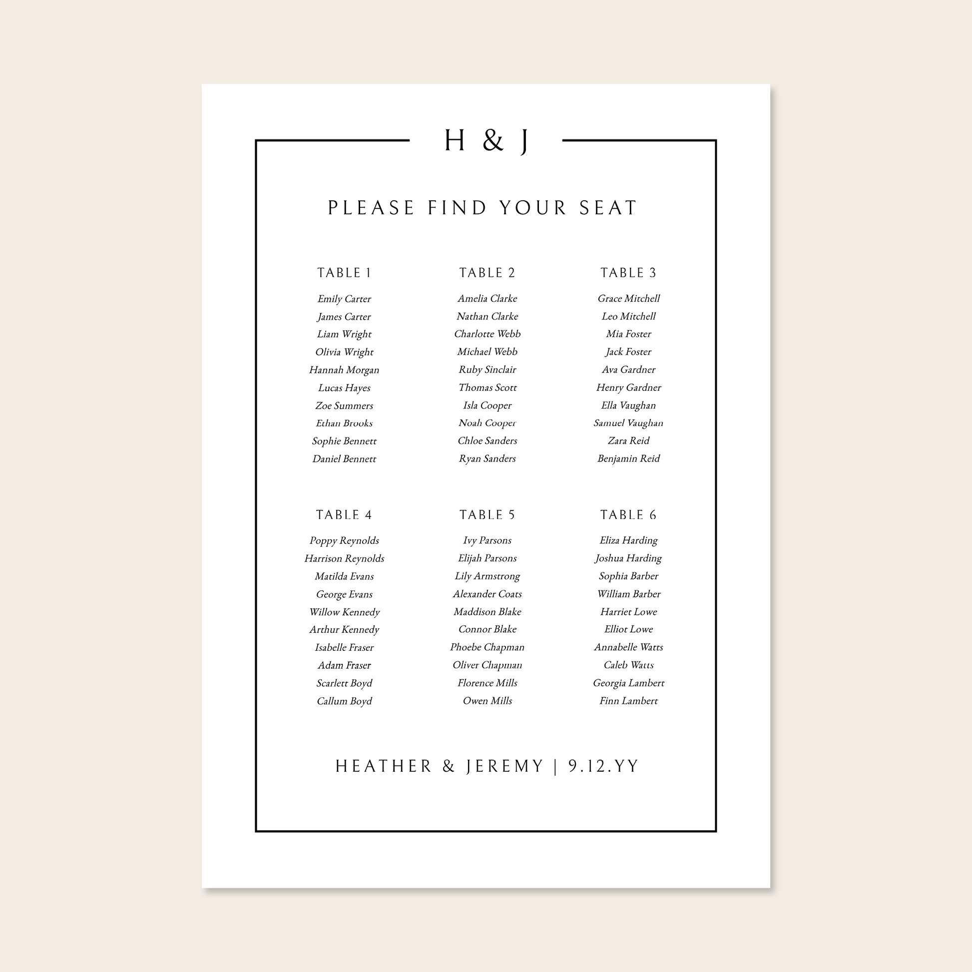 Printable 6-table wedding seating chart template design with names on a beige background.