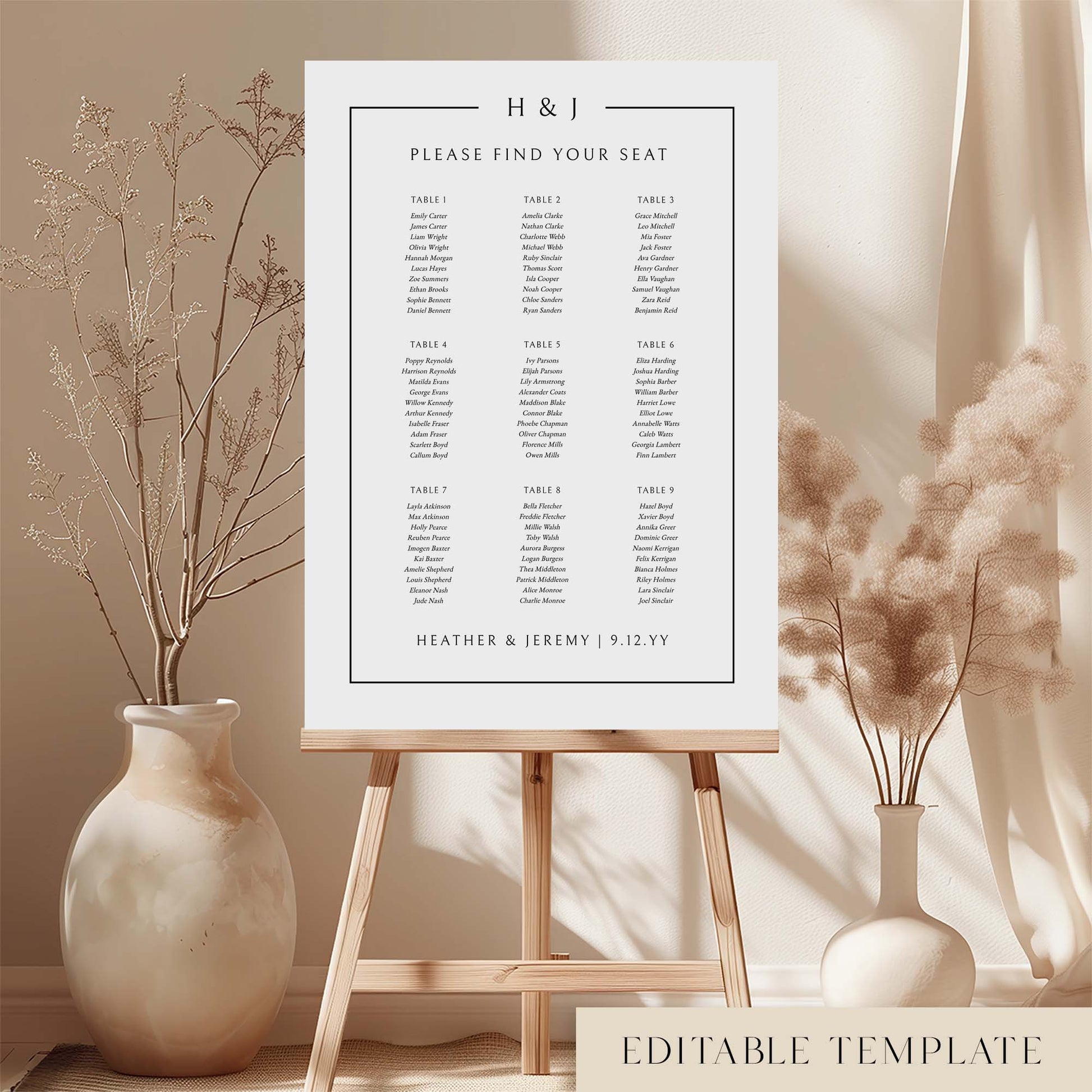 Modern 9-table seating chart template on an easel with decorative vases and plants.
