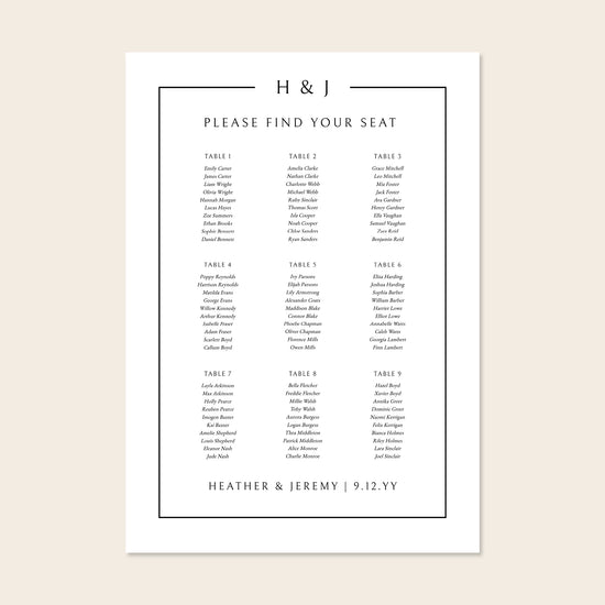 Printable 9-table wedding seating chart template design with names on a beige background.
