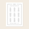 Printable 9-table wedding seating chart template design with names on a beige background.