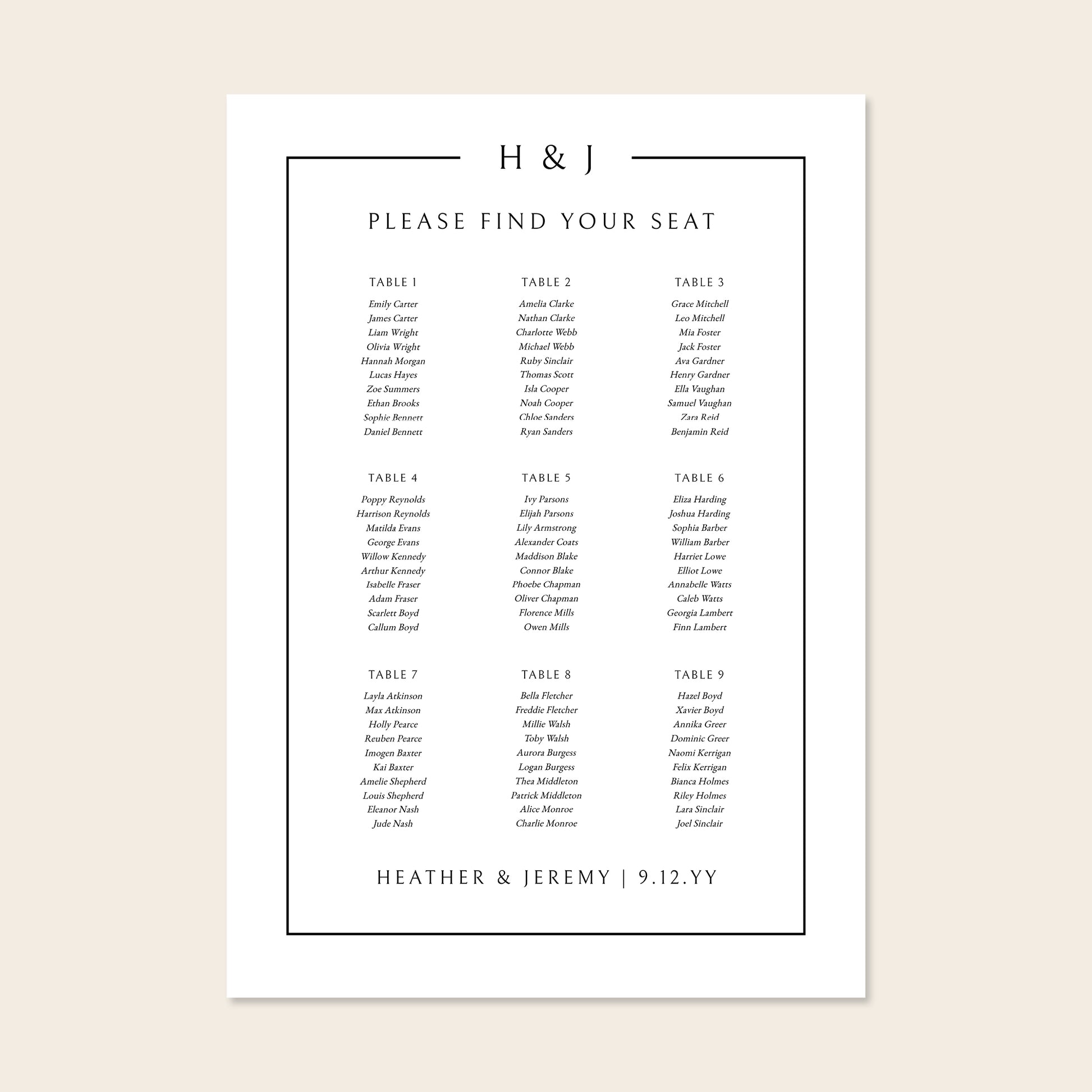 Printable 9-table wedding seating chart template design with names on a beige background.