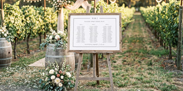 Wedding seating chart on an easel in a vineyard setting