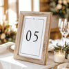 Wooden photo frame with a printed table number on a table setting with candles and glasses.