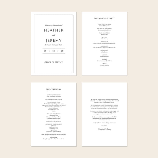 Set of four wedding program pages on a beige background