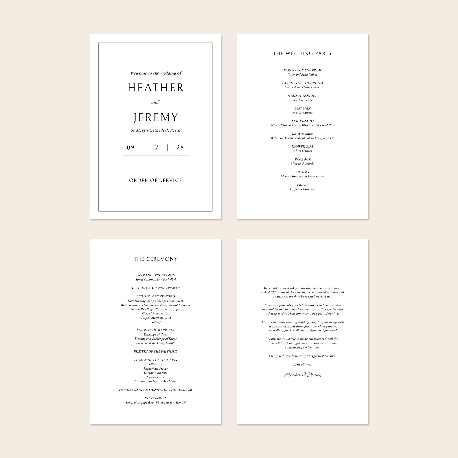 Set of four wedding program pages on a beige background