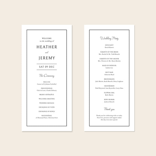 A digital mockup showing the front and back of a DL-sized wedding program template against a plain neutral backdrop.