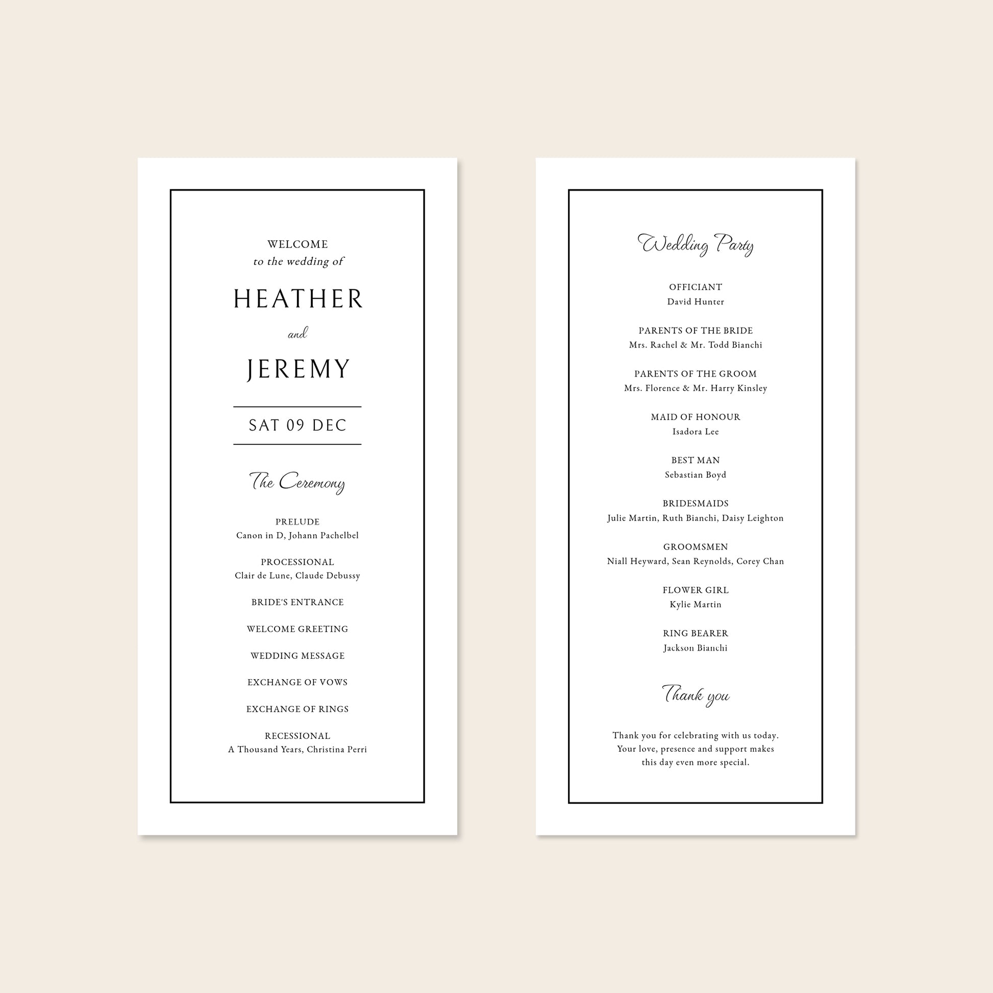 A digital mockup showing the front and back of a DL-sized wedding program template against a plain neutral backdrop.
