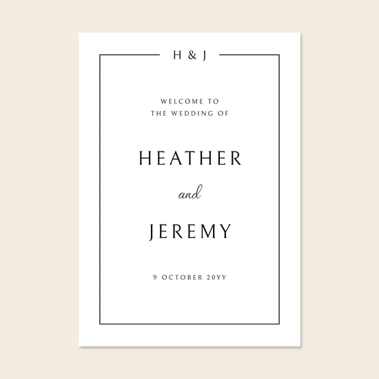 Wedding welcome sign template design on a beige background.