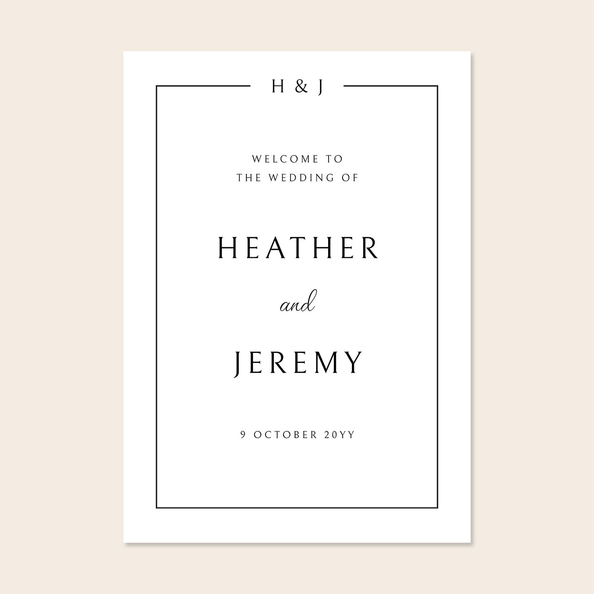 Wedding welcome sign template design on a beige background.