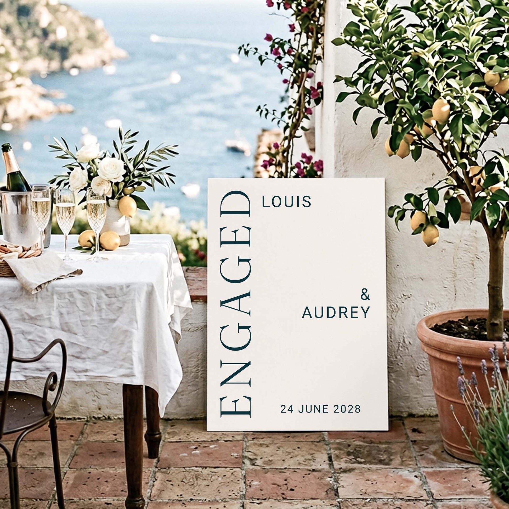 Engagement announcement sign in an outdoor Mediterranean terrace